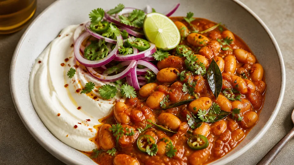 Chili Garlic Beans (Majestic Beans) with Whipped Tofu and Onion Salad