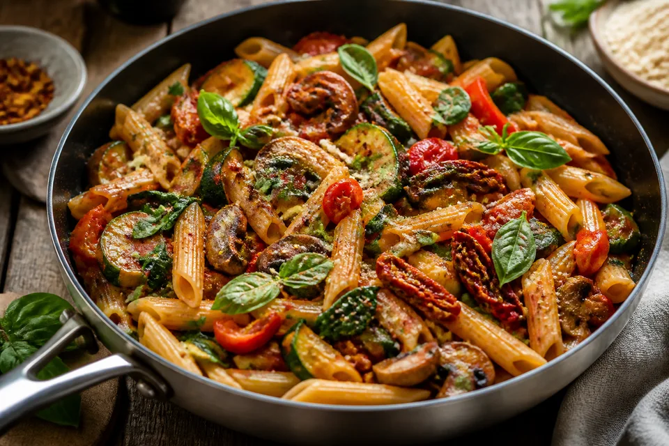 1 Pan Veggie Pasta with Sun-dried tomato and mushroom