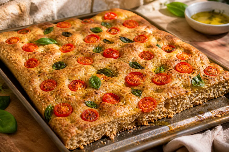 100% Whole Grain Tomato Basil Focaccia. Vegan Recipe
